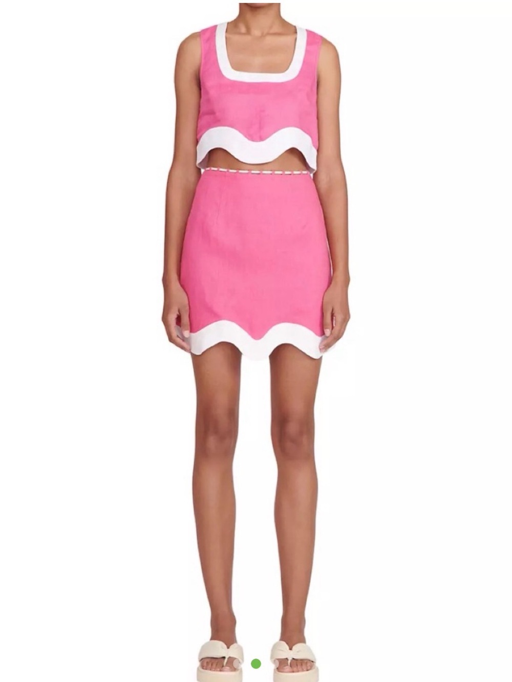 Staid Pink Mini Skirt & Top Set with White Scallop Trim